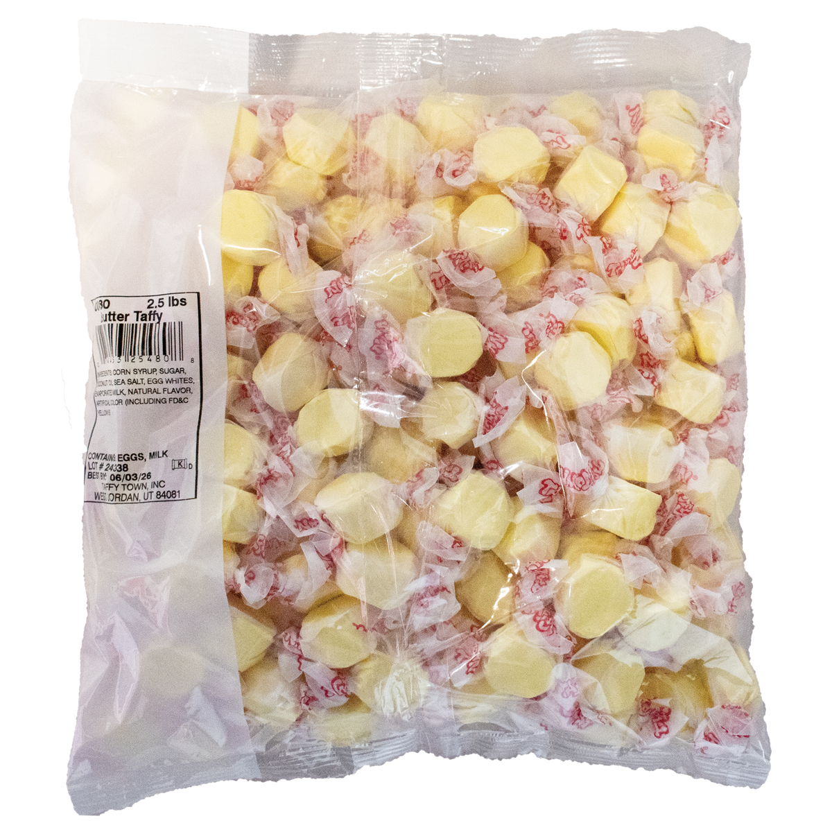 Taffy Town Butter Taffy 2.5 lb Bag – Gourmet salt water taffy candy with a rich butter flavor, individually wrapped in white and red wax paper, packaged in a clear resealable bag.