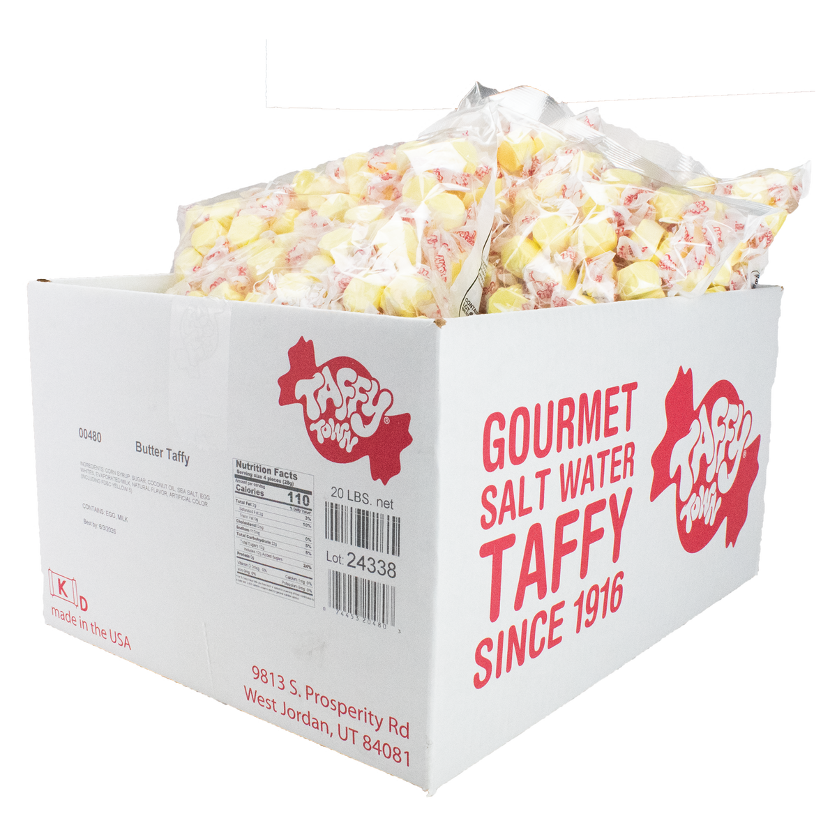 Taffy Town Butter Taffy 20 lb Bulk Case – Gourmet salt water taffy candy with a rich butter flavor, individually wrapped and packaged in a large Taffy Town branded box, perfect for bulk candy purchases and events.