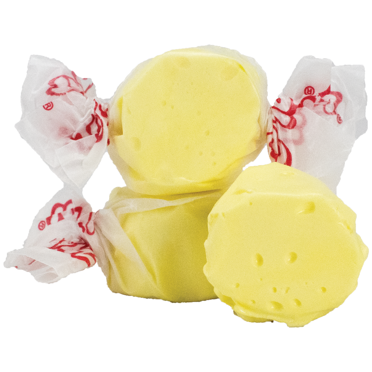 Taffy Town Butter Taffy - Gourmet Salt Water Taffy Candy with a rich, buttery flavor, featuring smooth yellow taffy pieces individually wrapped in classic white and red Taffy Town packaging.