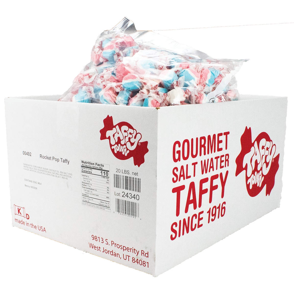 Taffy Town Rocket Pop Taffy 20 lb Bulk Case – Gourmet salt water taffy candy with Rocket Pop flavor, featuring red, white, and blue wrapped pieces in a Taffy Town branded bulk candy packaging box.