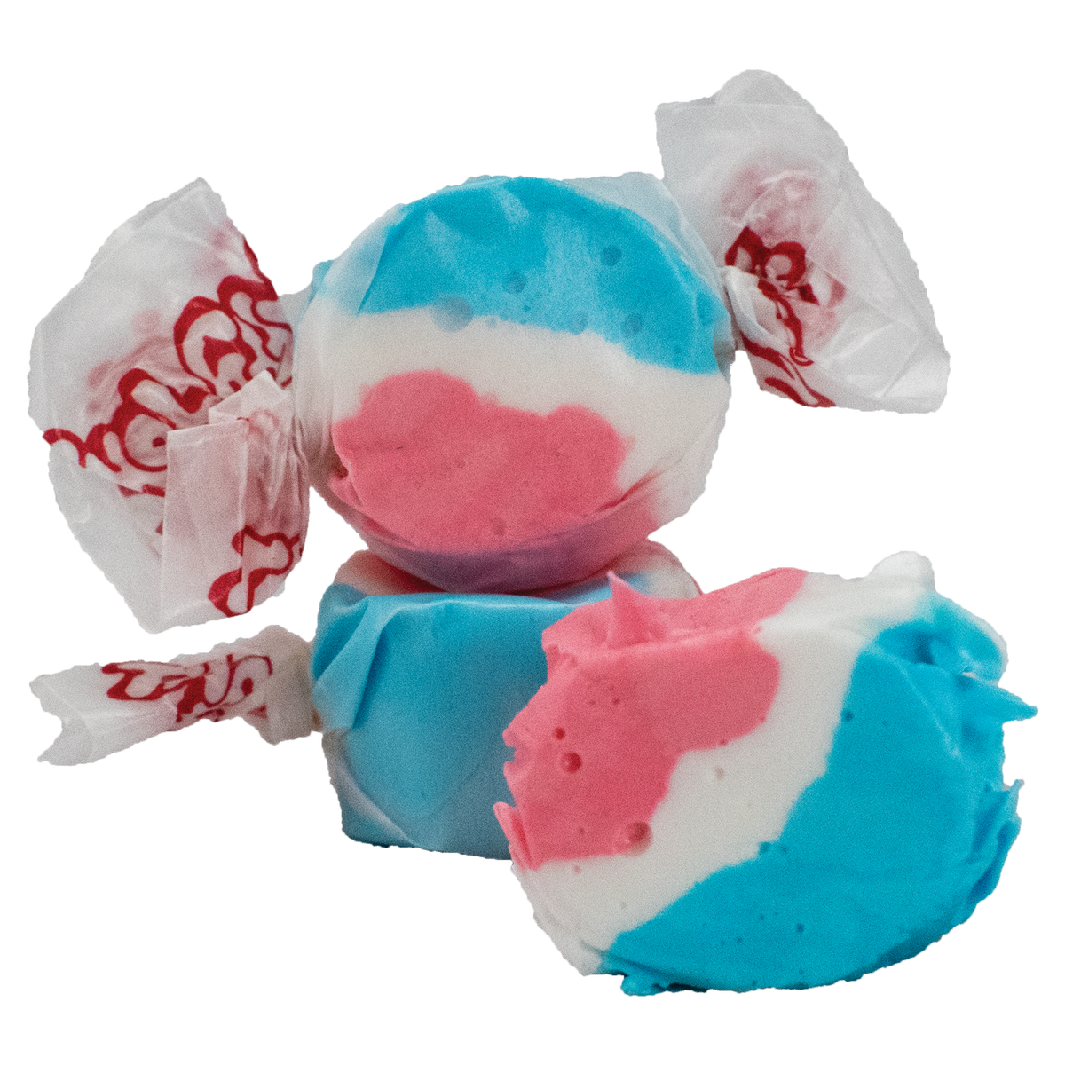 Taffy Town Rocket Pop Taffy - Gourmet Salt Water Taffy Candy with Rocket Pop flavor, featuring vibrant red, white, and blue swirls wrapped in classic Taffy Town packaging.