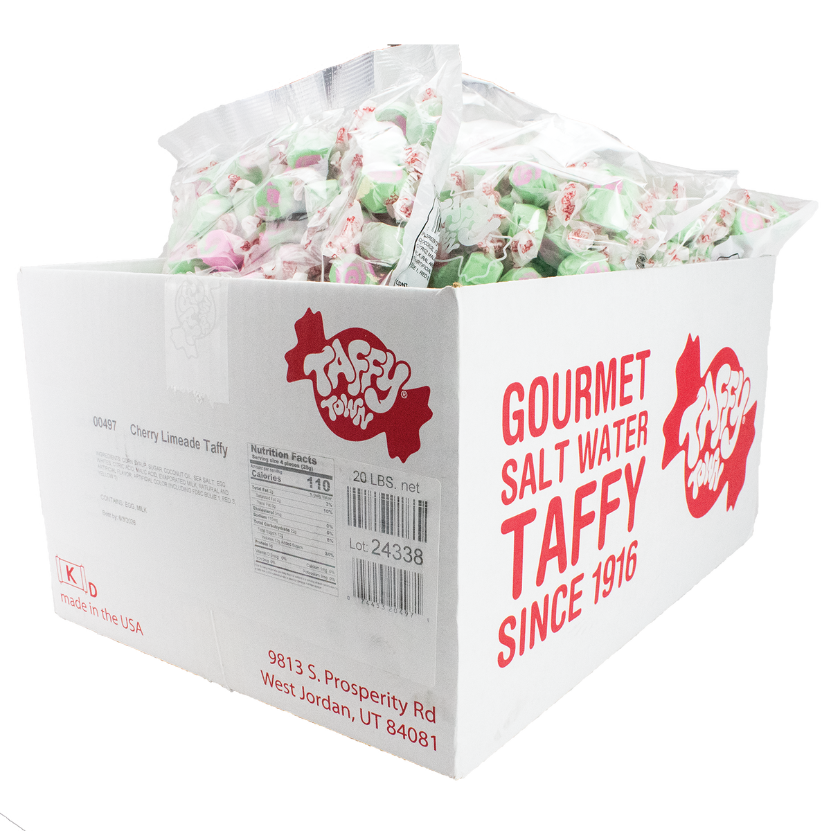 Cherry Limeade Taffy 20 lbs Bulk Candy Case - Taffy Town Gourmet Salt Water Taffy Since 1916