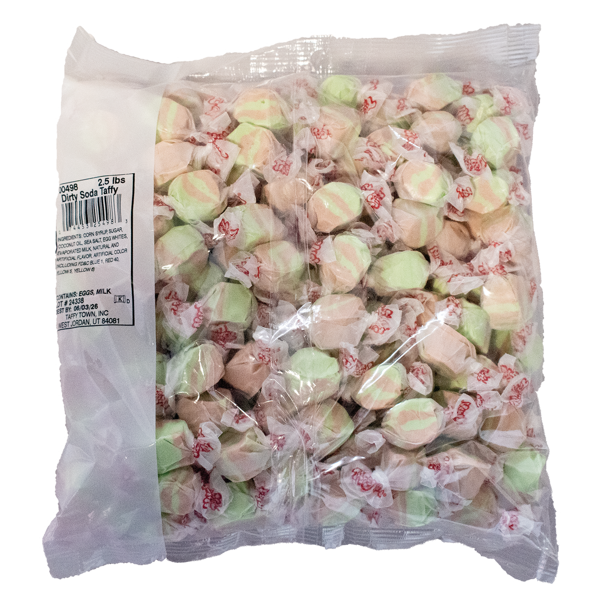 Taffy Town Dirty Soda Salt Water Taffy in a 2.5 lb candy bag, featuring a delicious blend of gourmet green and brown striped taffy pieces with a unique dirty soda flavor.