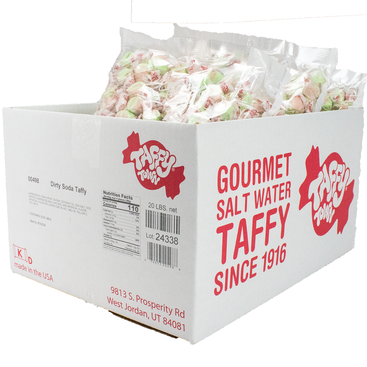 Taffy Town Dirty Soda Salt Water Taffy, 20 lbs bulk candy case, featuring gourmet green and brown striped taffy pieces with a unique dirty soda flavor. Perfect for parties, events, and sharing. Crafted with care since 1916.