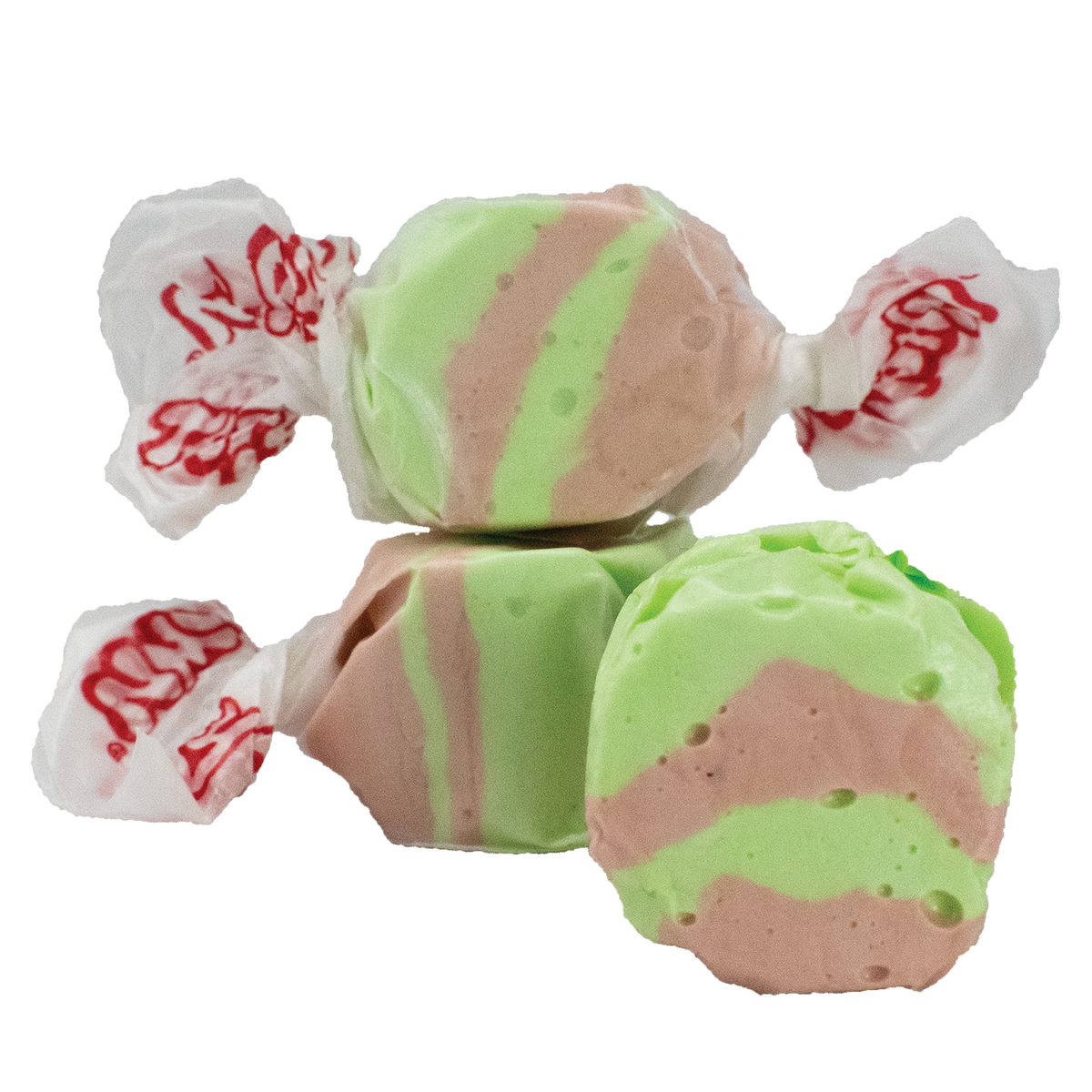 Dirty Soda Taffy - Gourmet salt water taffy candy with a unique dirty soda flavor, crafted by Taffy Town, featuring vibrant green and brown stripes and individually wrapped pieces with the Taffy Town logo