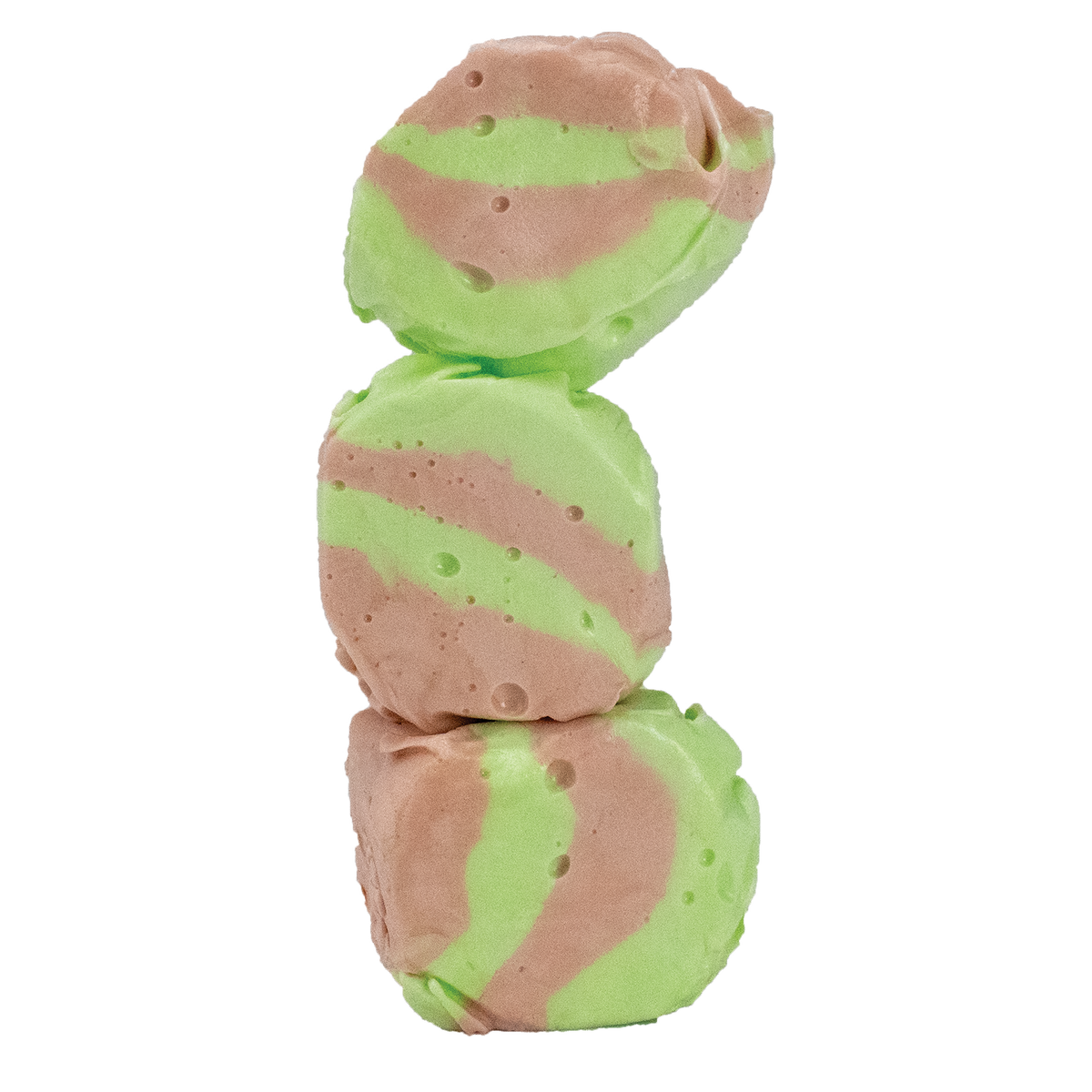 Unwrapped Taffy Town Dirty Soda Salt Water Taffy showcasing its vibrant green and brown striped design, highlighting the unique dirty soda flavor in smooth, gourmet taffy pieces.