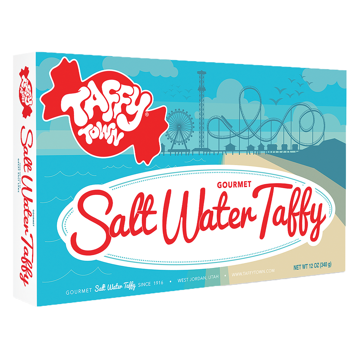 Taffy Town Boardwalk Salt Water Taffy Gift Box, 12 oz, featuring gourmet taffy with a vibrant seaside theme design.