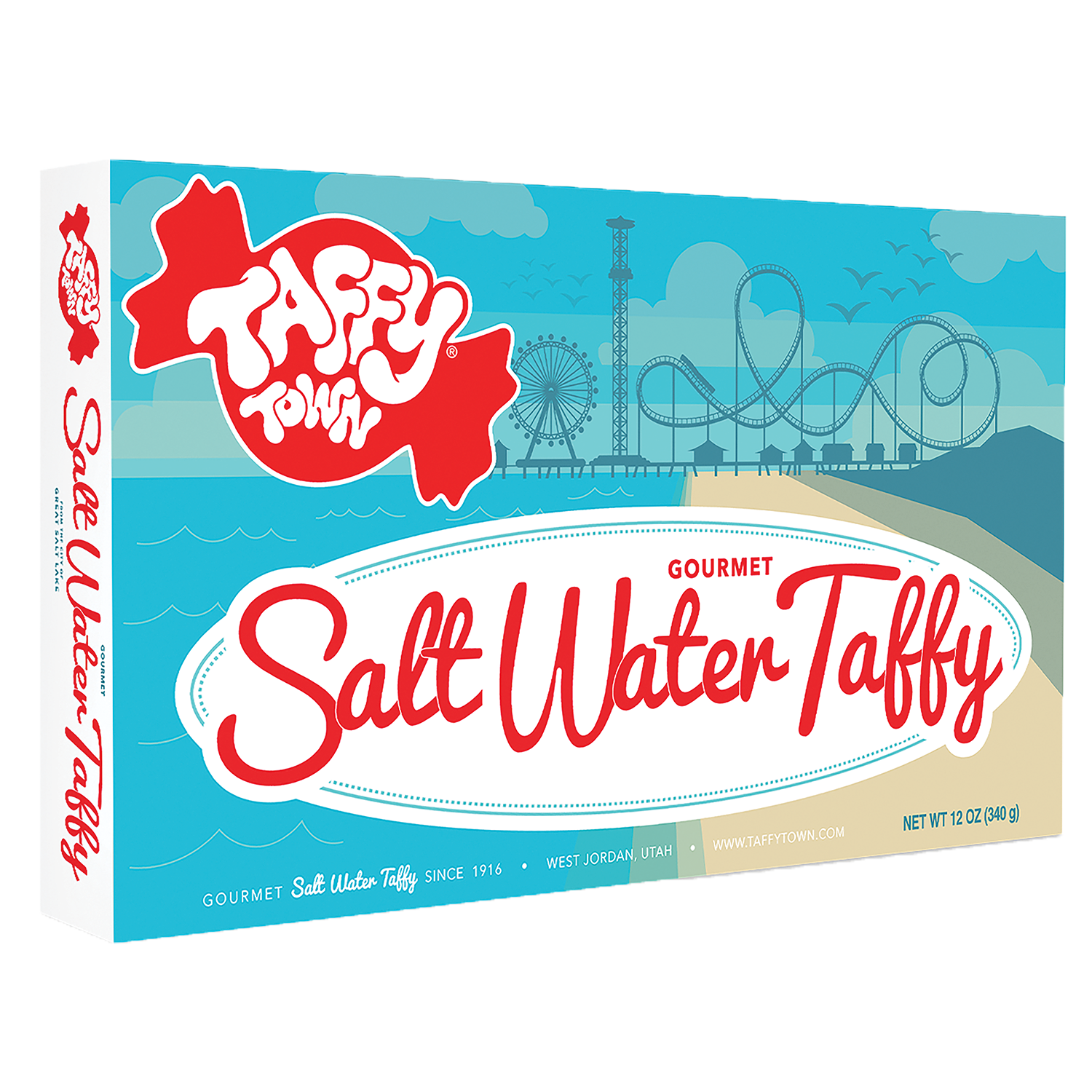 Taffy Town Boardwalk Salt Water Taffy Gift Box, 12 oz, featuring gourmet taffy with a vibrant seaside theme design.