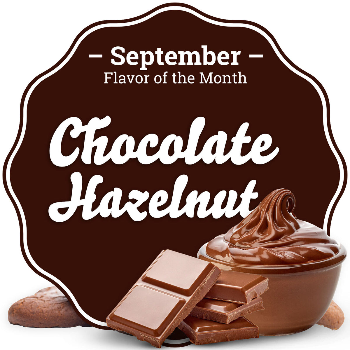 Taffy Town September Flavor of the Month - Chocolate Hazelnut Salt Water Taffy featuring a rich brown background with chocolate bars, hazelnuts, and a bowl of creamy hazelnut chocolate spread.