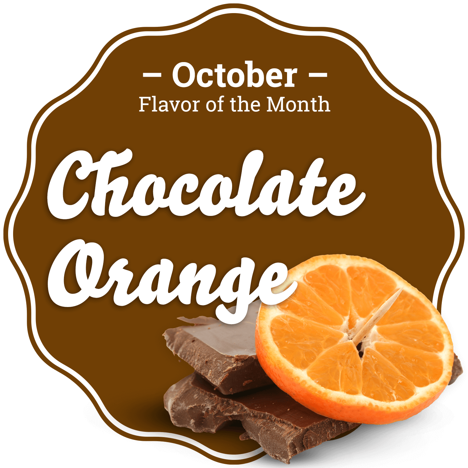 Taffy Town October Flavor of the Month - Chocolate Orange Salt Water Taffy featuring a brown background with rich chocolate pieces and a fresh orange slice.