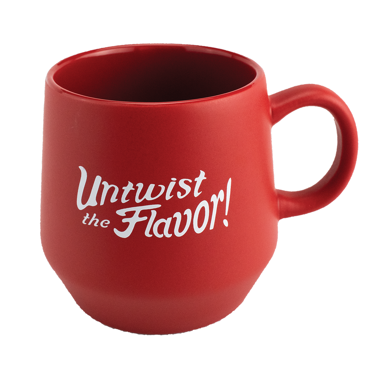 Red Taffy Town logo mug with Untwist the Flavor slogan on the back is a fun way to enjoy your morning coffee or hot cocoa 